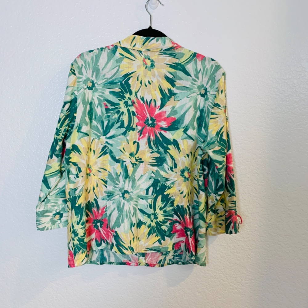 JM Collection Button Up Linen Shirt Size 14 Floral Bell Sleeve Tropical Vacation - Picture 10 of 13